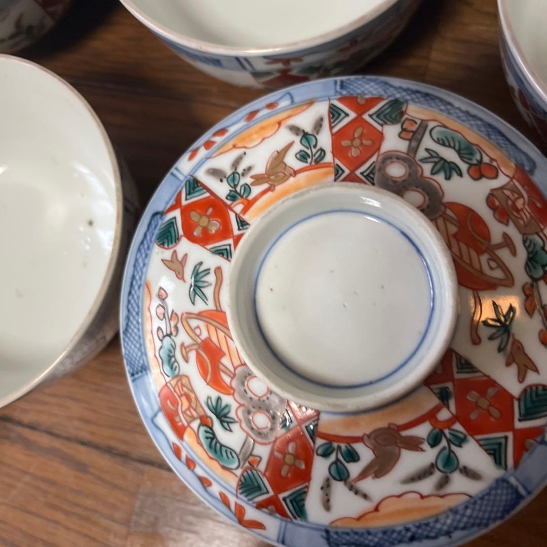 限定最終処分特価古伊万里色絵蓋付お茶碗五客煮物鉢　大きめ　完品　食卓のインテリア