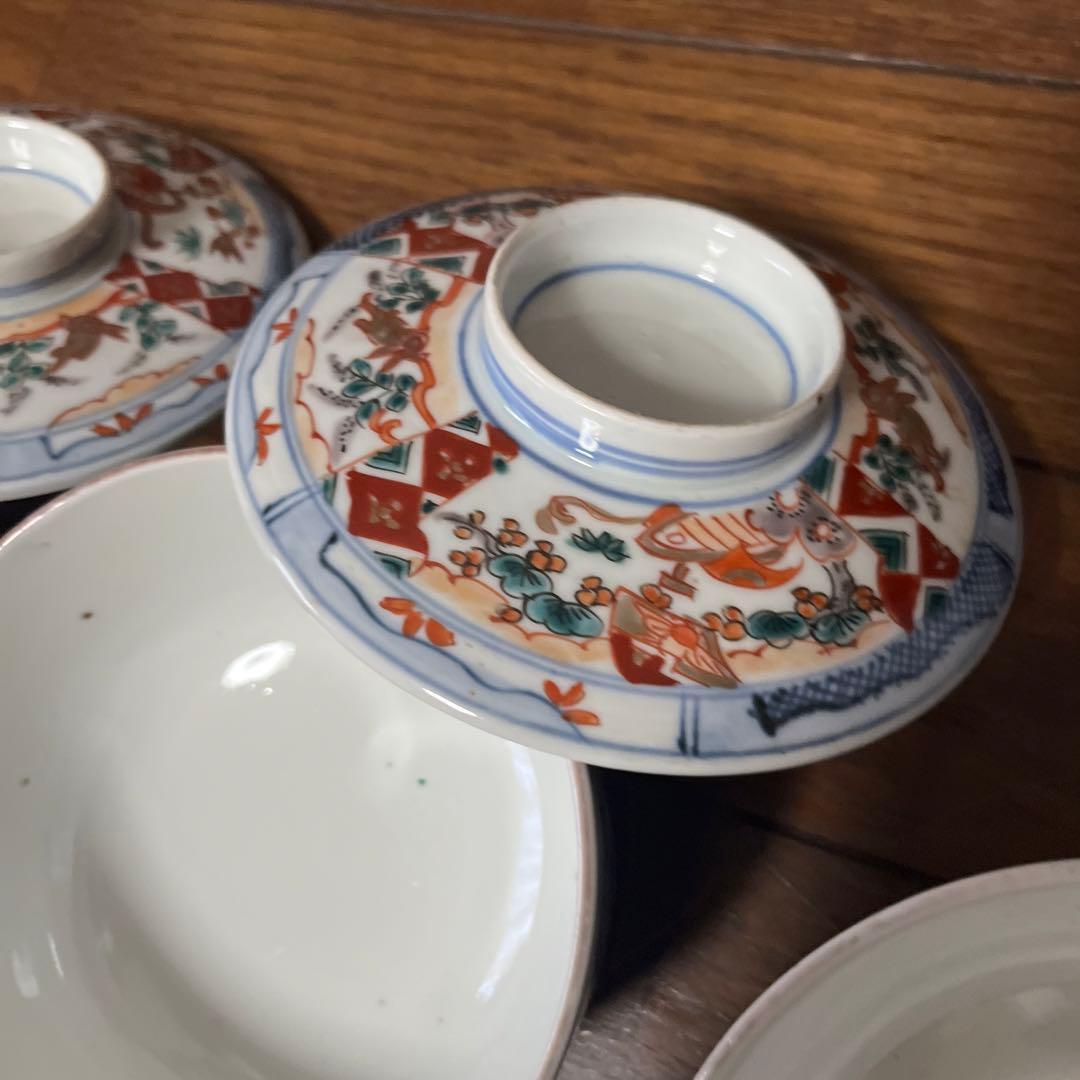 限定最終処分特価古伊万里色絵蓋付お茶碗五客煮物鉢　大きめ　完品　食卓のインテリア