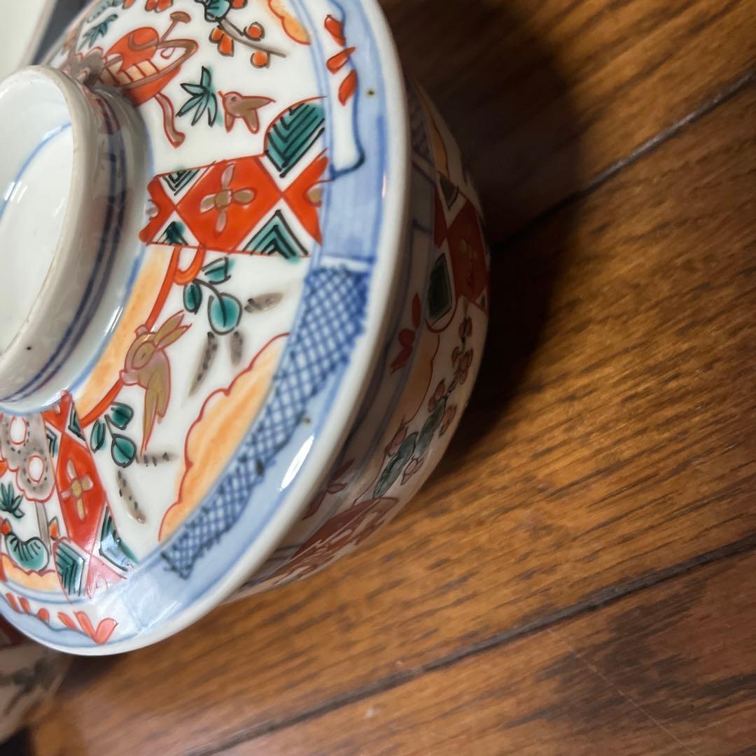 限定最終処分特価古伊万里色絵蓋付お茶碗五客煮物鉢　大きめ　完品　食卓のインテリア