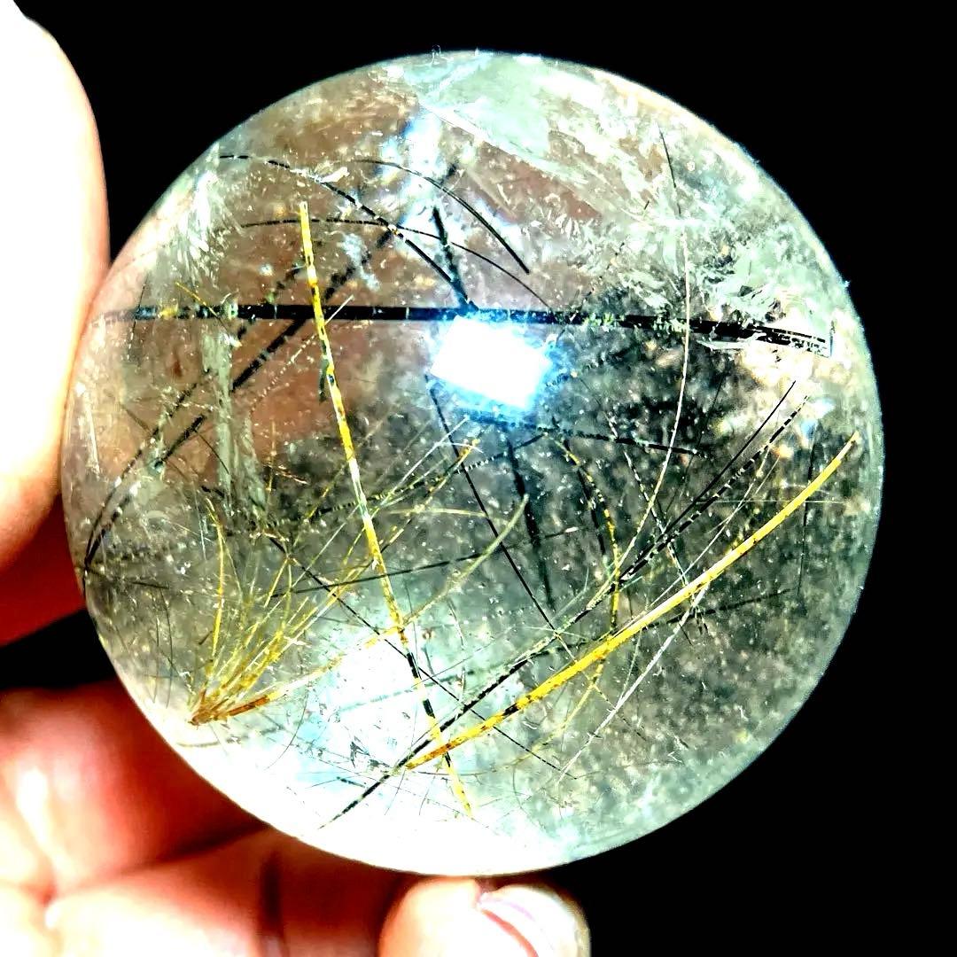 45mm ゴールドブラックルチルクォーツ　丸玉　スフィア　金黒針水晶