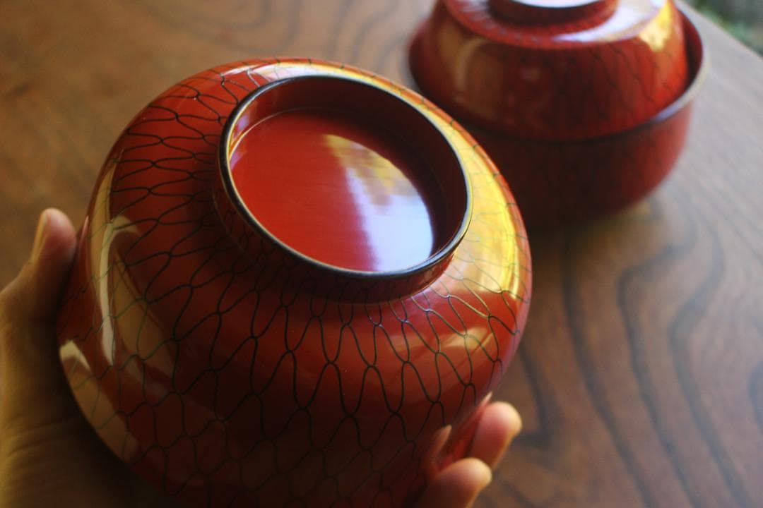 極小傷有！極上朱漆に風情ある網目文の映える大椀2点（検輪島塗懐石道具茶道具懐石椀