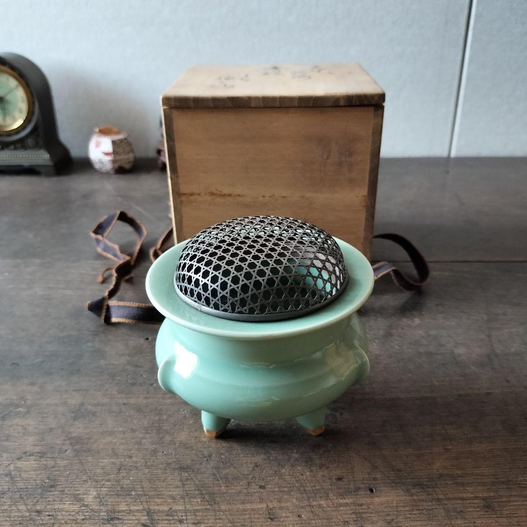 青磁 香炉 純銀火屋 三足香炉 銀火屋