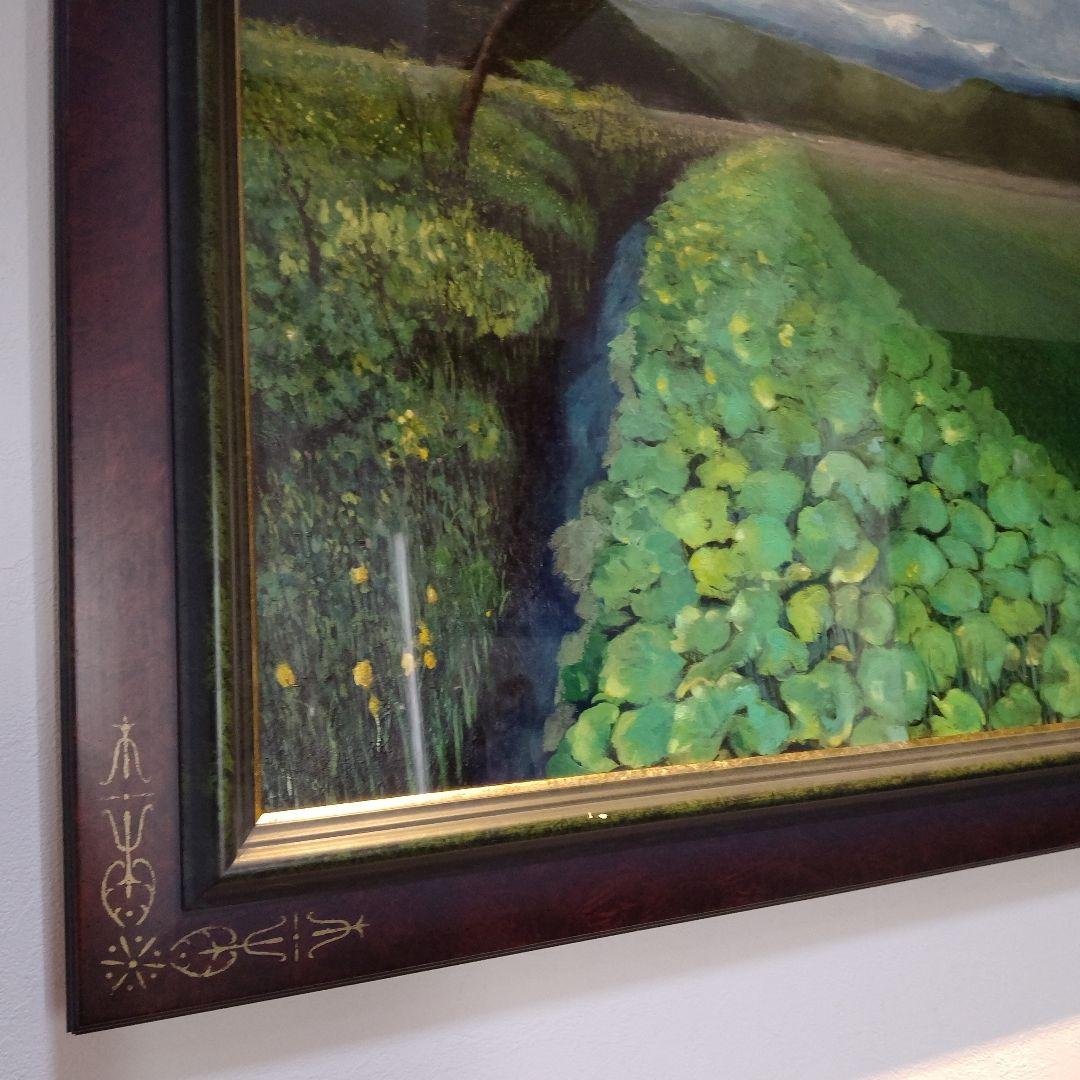 【高級特注額縁】蓮根畑　蓮　風景画　肉筆画　油彩画　大判　サイン有り