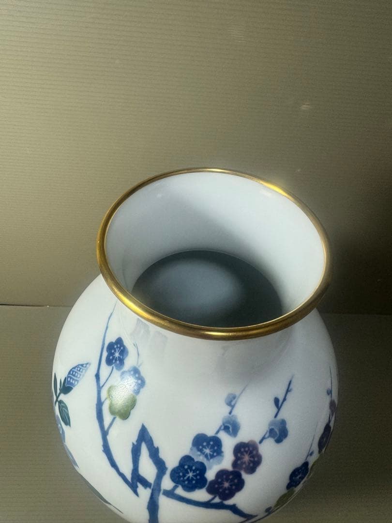 2317 大倉陶園　梅 椿 鳥 金彩 花瓶　未使用