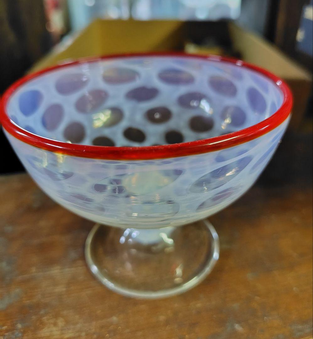 氷コップ 水玉 縁赤 乳白 明治 大正 昭和初期 アンティーク レトロ