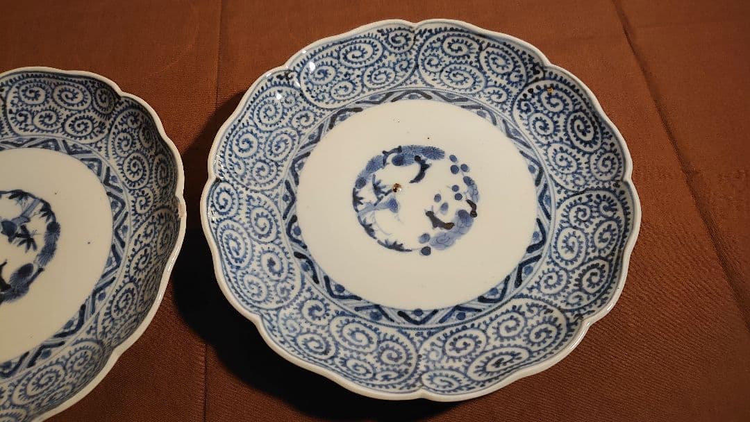 古伊万里　伊万里　染付　蛸唐草　唐草文　中皿　菓子皿　蔵出し　江戸期　２客