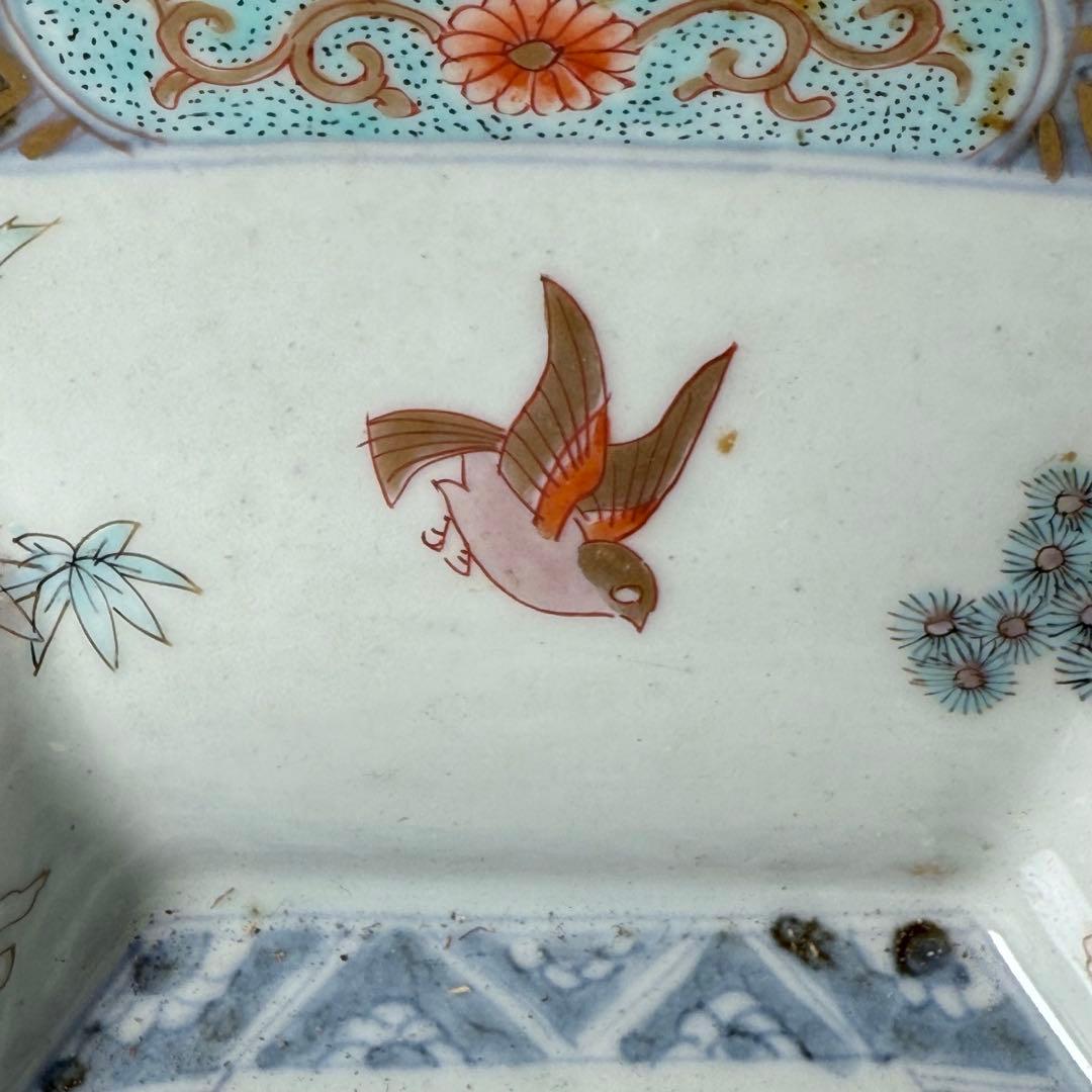 江戸後期〜明治時代　色絵松竹梅鳥賢人図六角鉢　共箱　古美術　豪商旧蔵品