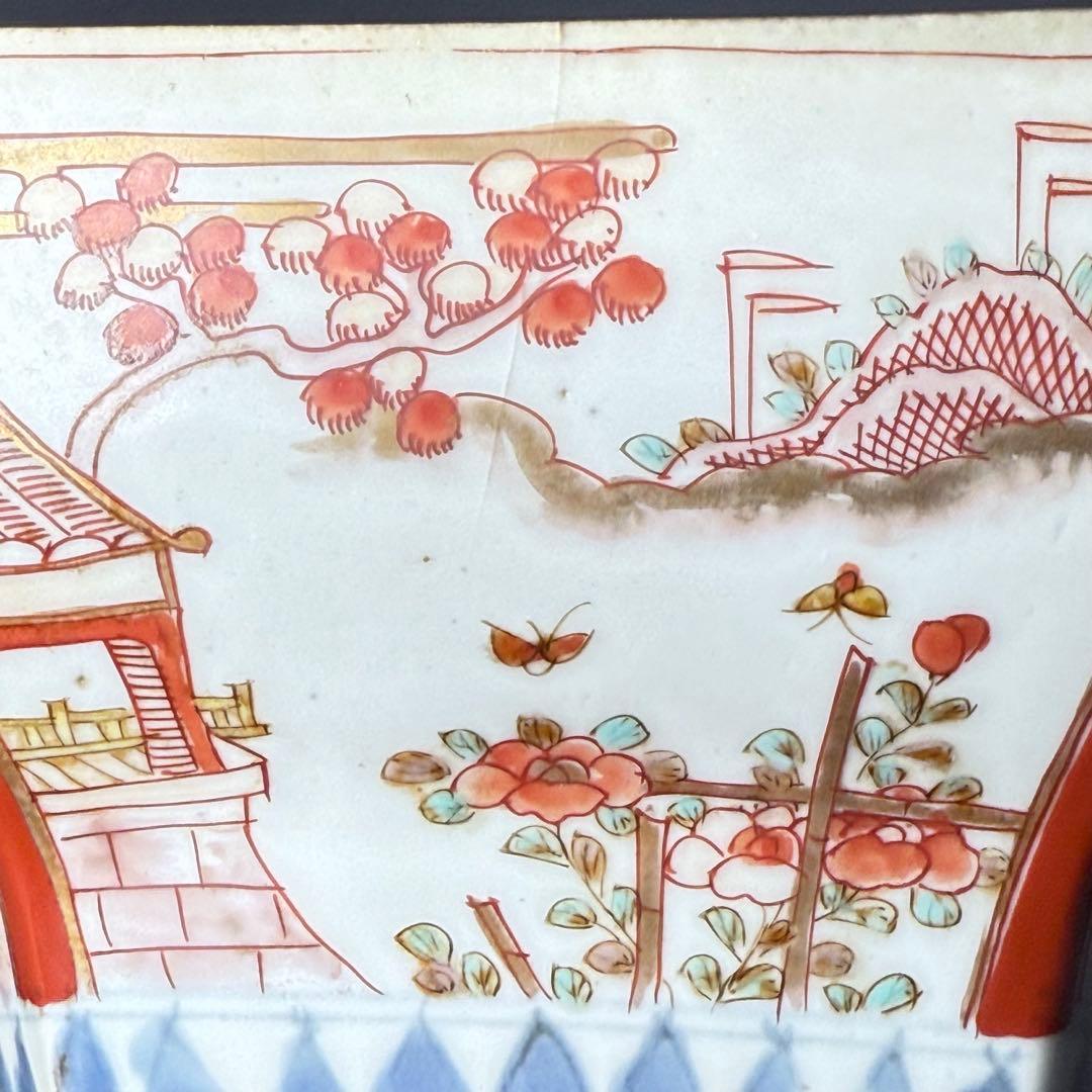 江戸後期〜明治時代　色絵松竹梅鳥賢人図六角鉢　共箱　古美術　豪商旧蔵品