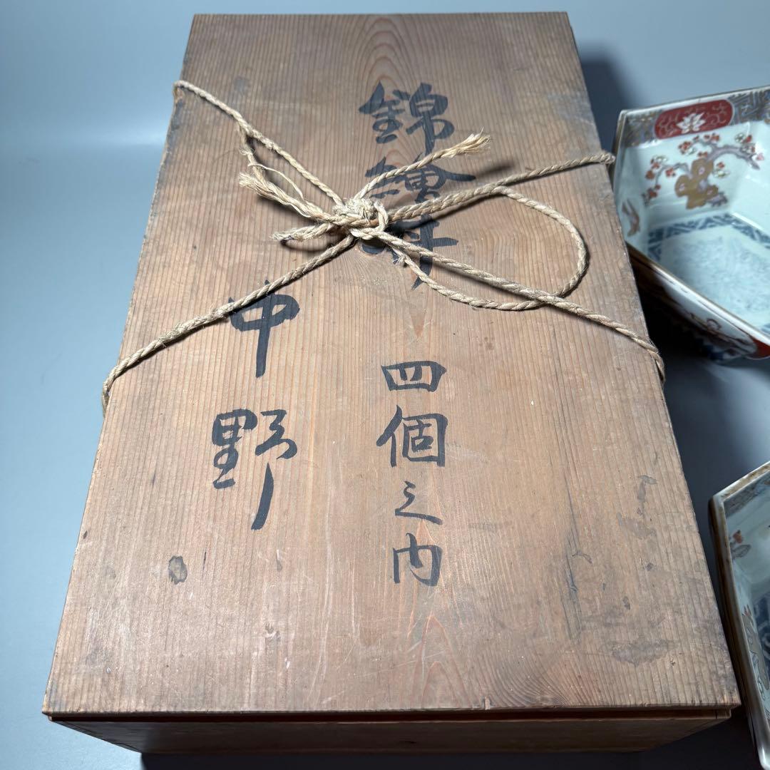 江戸後期〜明治時代　色絵松竹梅鳥賢人図六角鉢　共箱　古美術　豪商旧蔵品