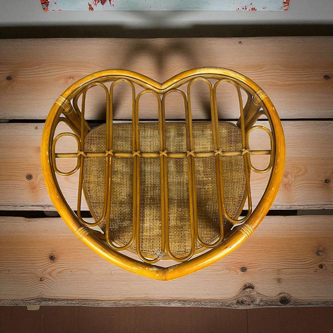 【希少】ハート型　ラタン　ガラス　テーブル　アンティーク　家具　レトロインテリア