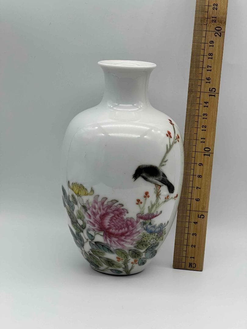 清康熙時代 【康熙年製】在銘　粉彩花鳥文瓶 琺瑯彩 花瓶 花器(A-76)