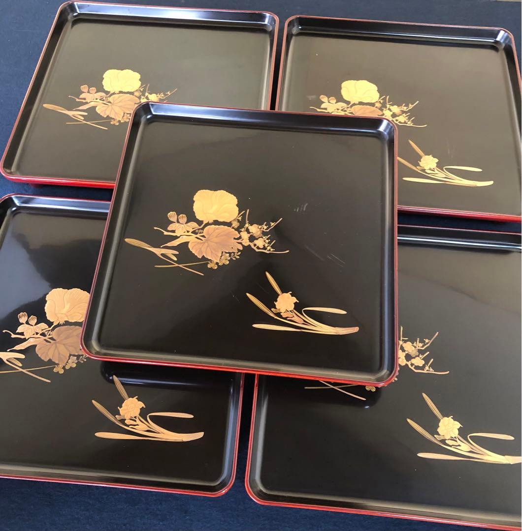 《R》研ぎ出し蒔絵 青貝 脚付 会席膳5客 木製漆器 木箱　260128く2