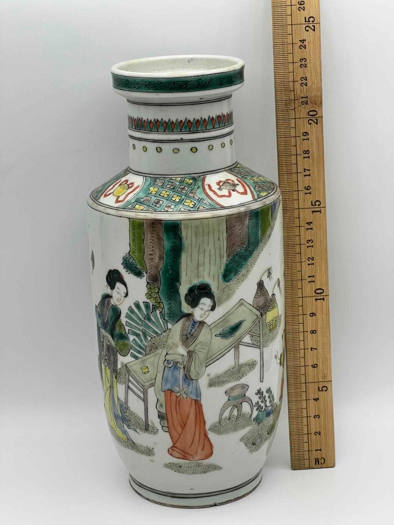 清時代 康熙五彩人物物語文瓶　西廂記棒槌瓶 花瓶(E-74)