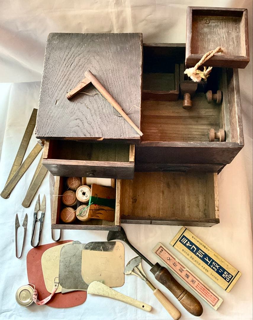 骨董 木製 櫓裁縫箱 古道具　アンティーク　裁縫　手芸道具　まとめ売り