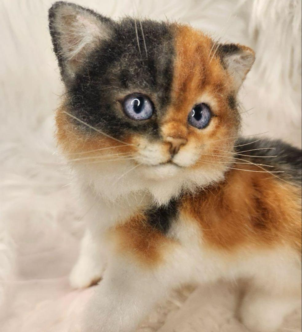 海外作家 猫 三毛猫 子猫ぬいぐるみ アートドール リアル 羊毛フェルト (左)