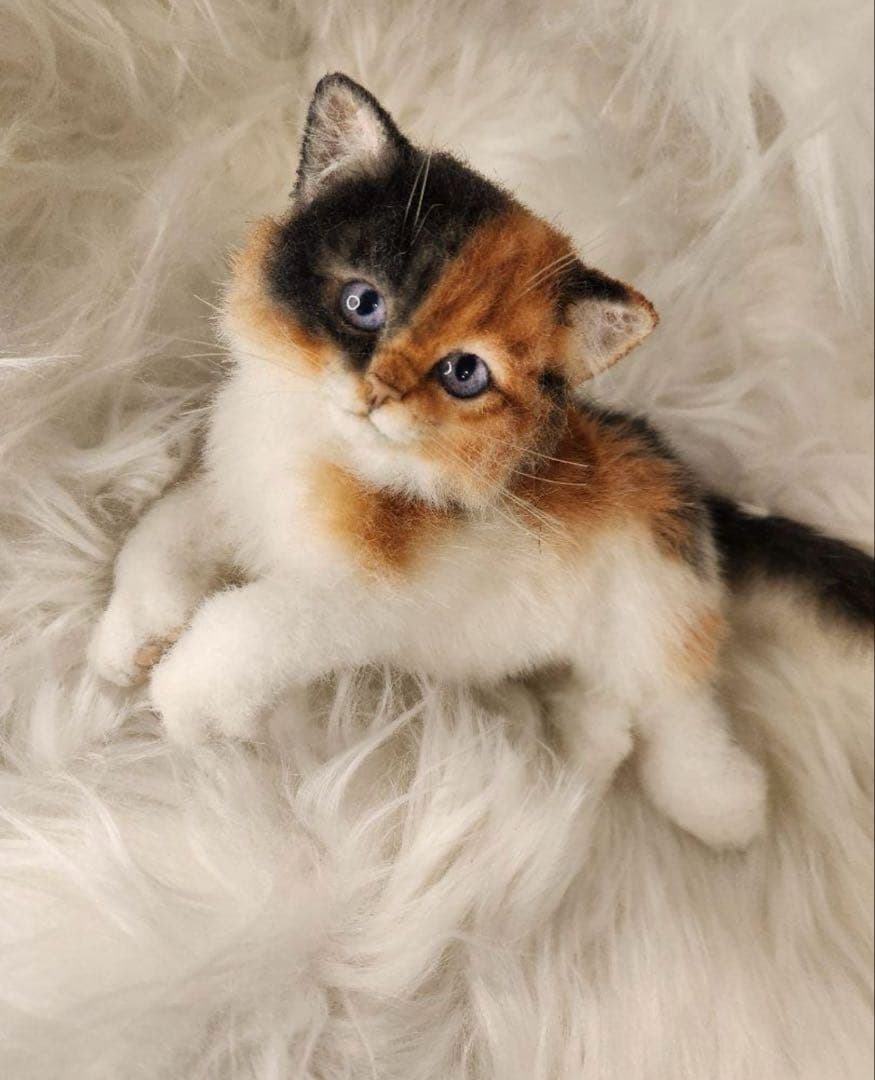 海外作家 猫 三毛猫 子猫ぬいぐるみ アートドール リアル 羊毛フェルト (左)