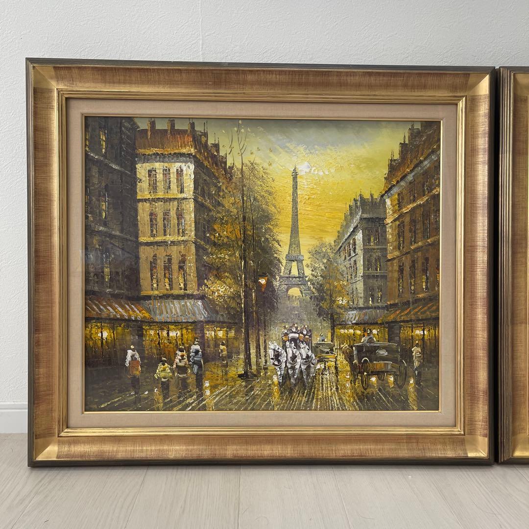 パリの街並み 油彩画 エッフェル塔　2セット