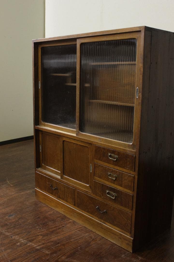 昭和レトロ 古い木製茶箪笥 モールガラス 戸棚 食器棚 古家具 欅 古材