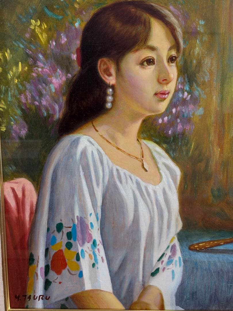 鶴村義美 【花模様のドレス】F6号額装　写実人物画