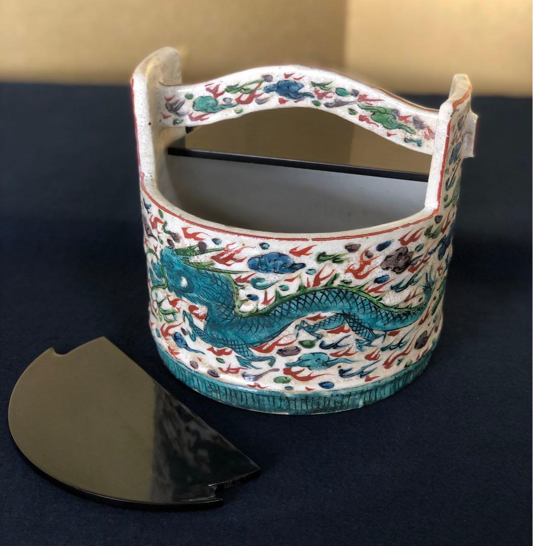 《レ》支那焼 龍 手付水指 手桶 塗蓋付 萬歴年製 木箱　251027う1