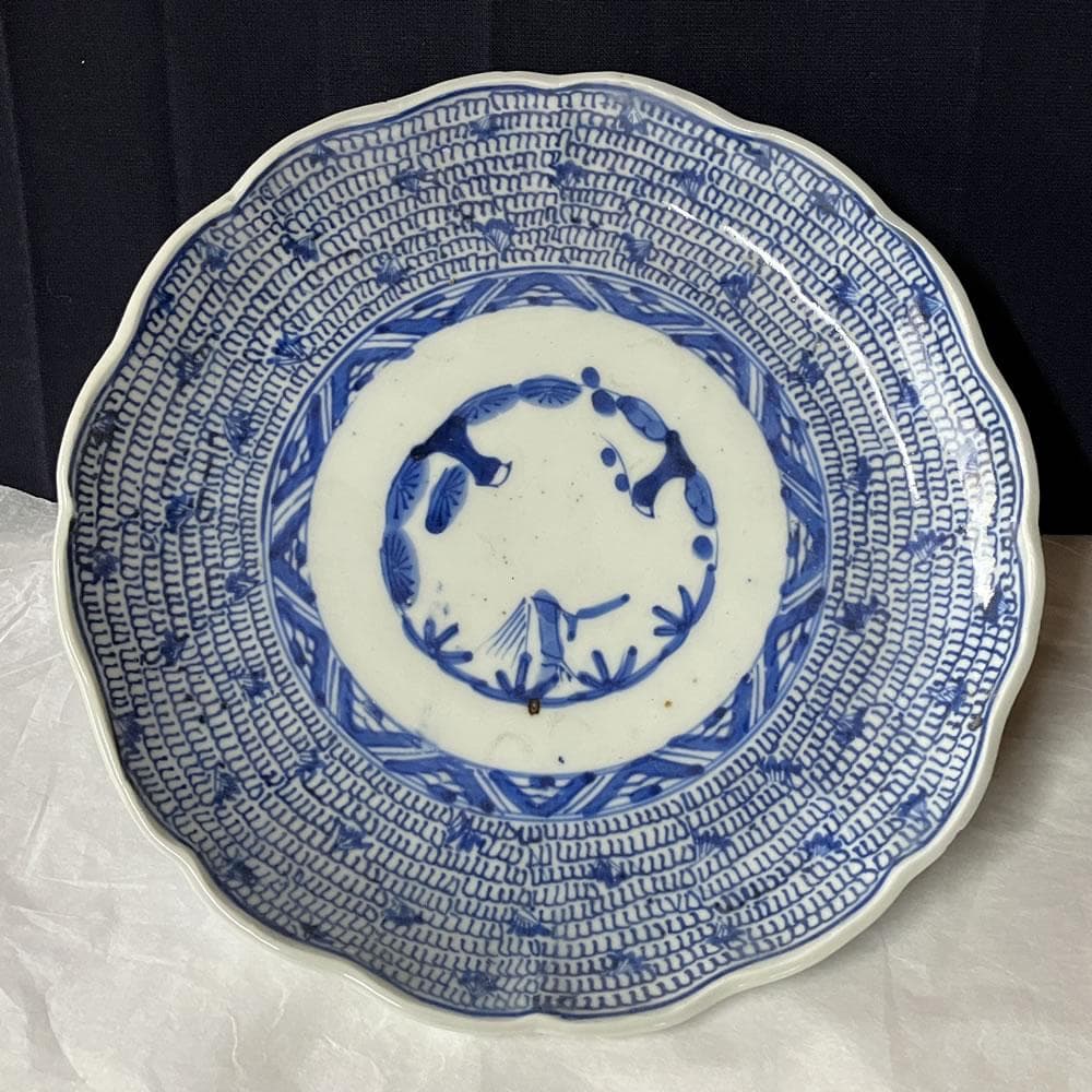 y033 古伊万里 染付 微塵唐草 七寸皿 5枚 太明成化年製 輪花縁