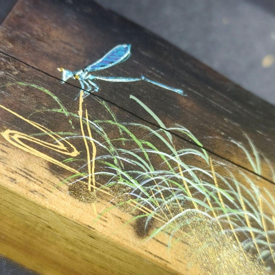 茶道具 黒柿 水辺に糸蜻蛉蒔絵 割香合 中林星山(作) 共箱 作歴 旧家蔵出美品