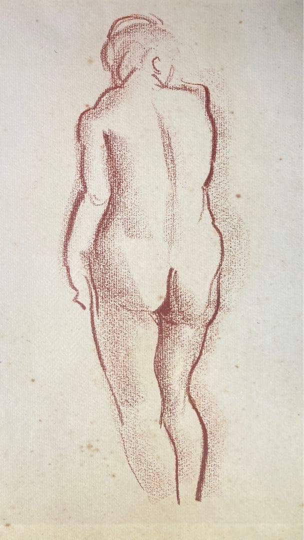 【真作保証】長谷川潔「裸婦」コンテ素描 スタンプサイン 画廊シール デッサン