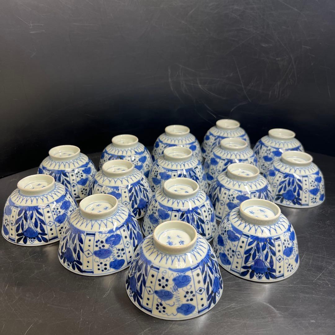 江戸中期　古伊万里染付芙蓉手蓋茶碗　14客と身1点　木箱　東Y8-0116☆2F