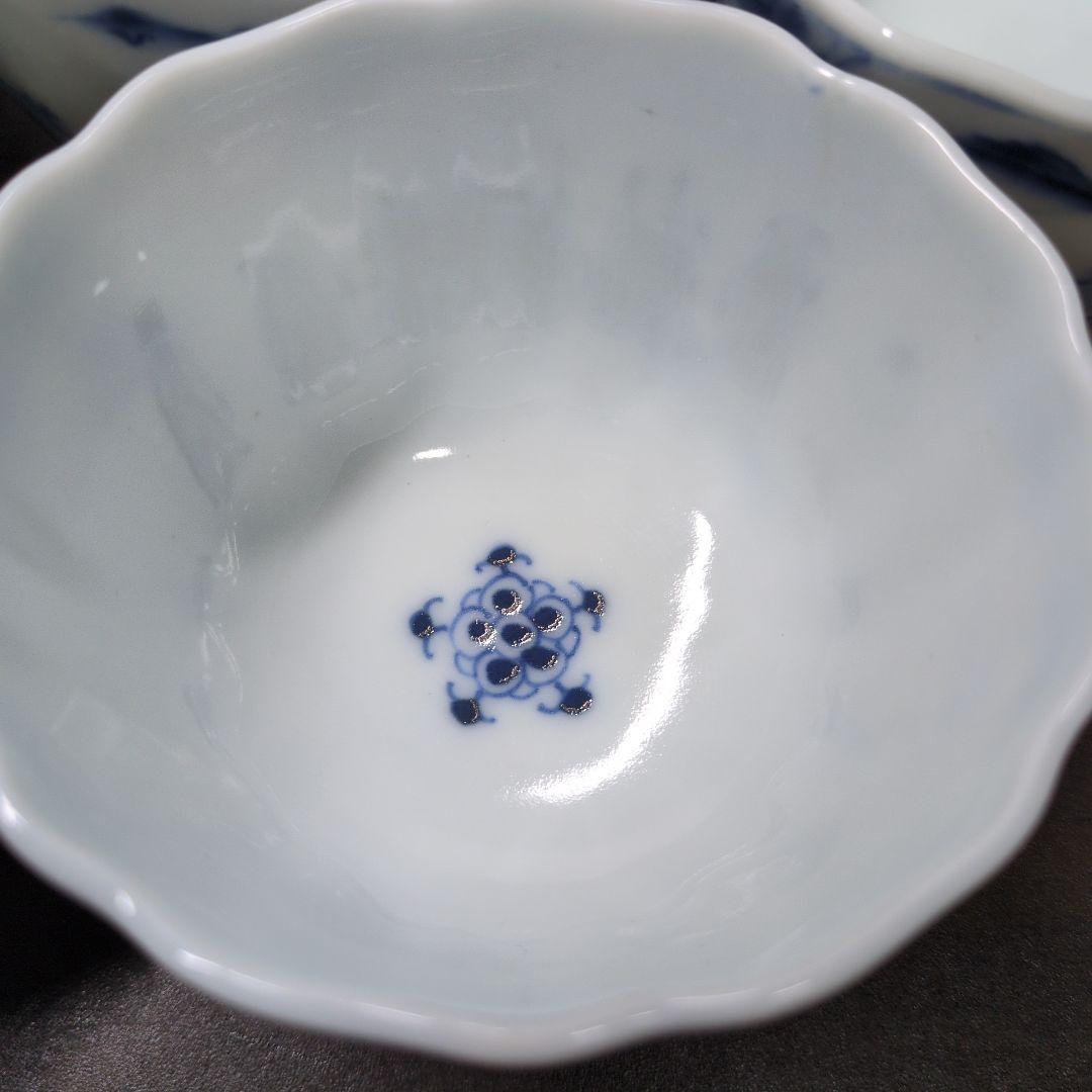 古伊万里 染付 山水花唐草文 輪花口 向付 五客 玄銘有