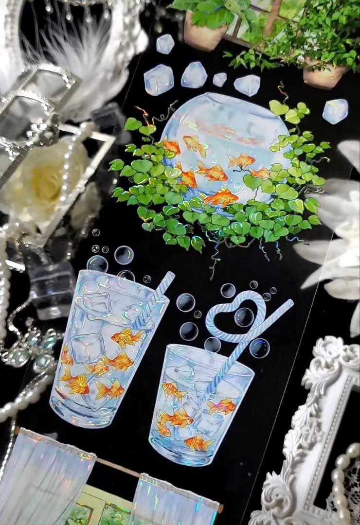 海外マスキングテープ巻売り 夏日汽水 金魚 装飾マスキングテープ