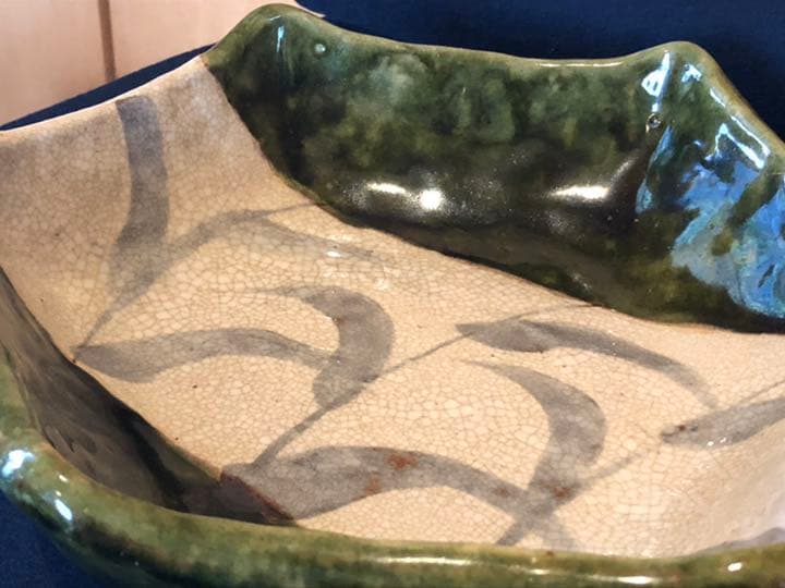 霞仙窯　織部　瀬戸赤津焼　六角大鉢　盛り鉢　貫入