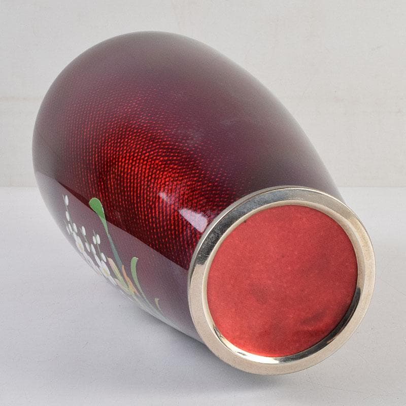 七宝焼　赤透釉　四君子文　花瓶　共箱　M　R9450