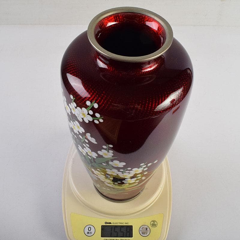 七宝焼　赤透釉　四君子文　花瓶　共箱　M　R9450