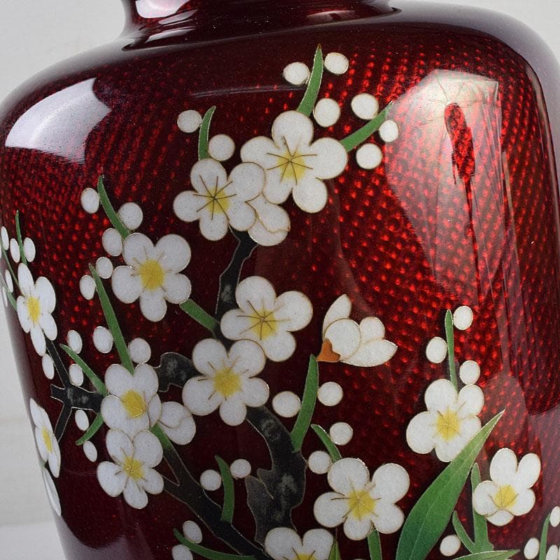 七宝焼　赤透釉　四君子文　花瓶　共箱　M　R9450