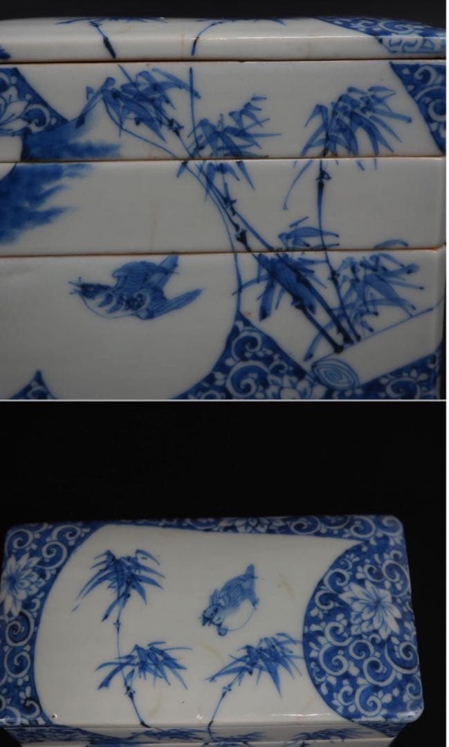 送料無料 明治7年(1874年)購入　青花四君子鳥図三重箱　共箱★大珍品★
