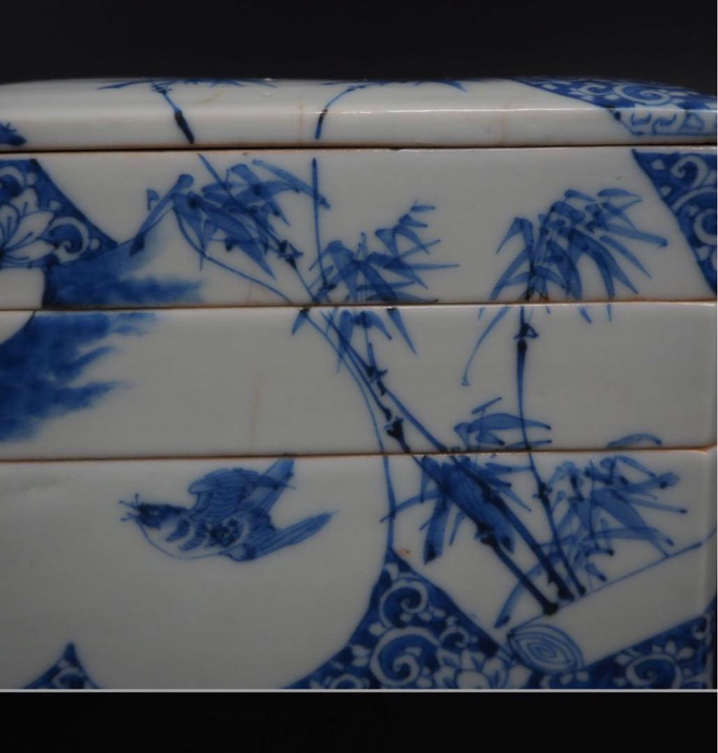 送料無料 明治7年(1874年)購入　青花四君子鳥図三重箱　共箱★大珍品★