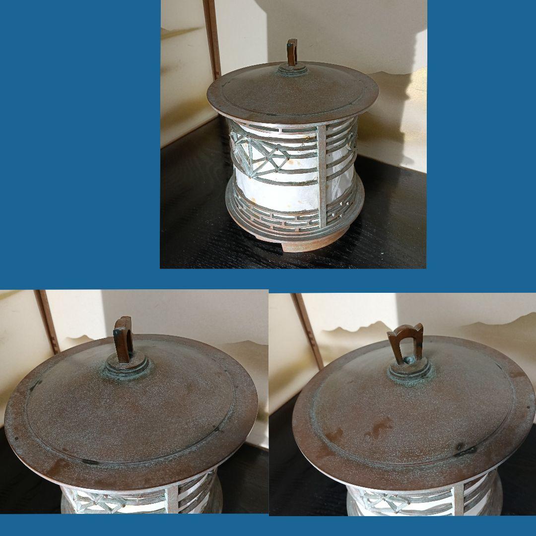 AN46 高岡銅器 名工 釣燈籠 釣灯籠 幾何文透かし 円筒型 青銅 共箱