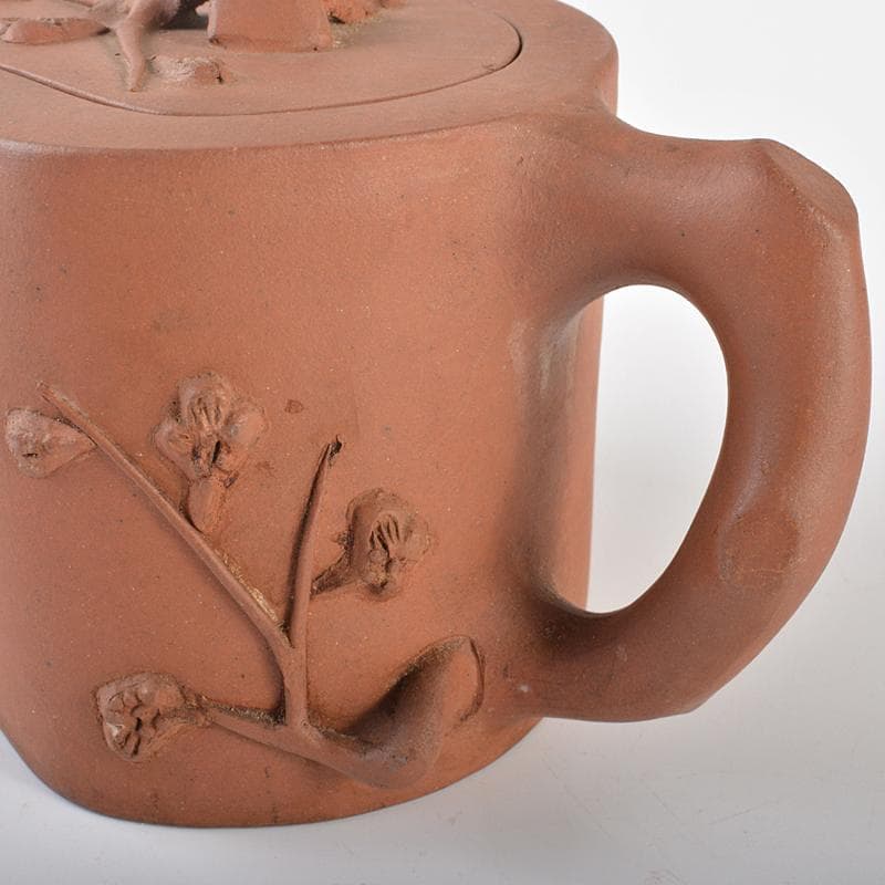中国　宣興紫砂　朱泥　刻梅文　急須　茶壷　Y　R6553