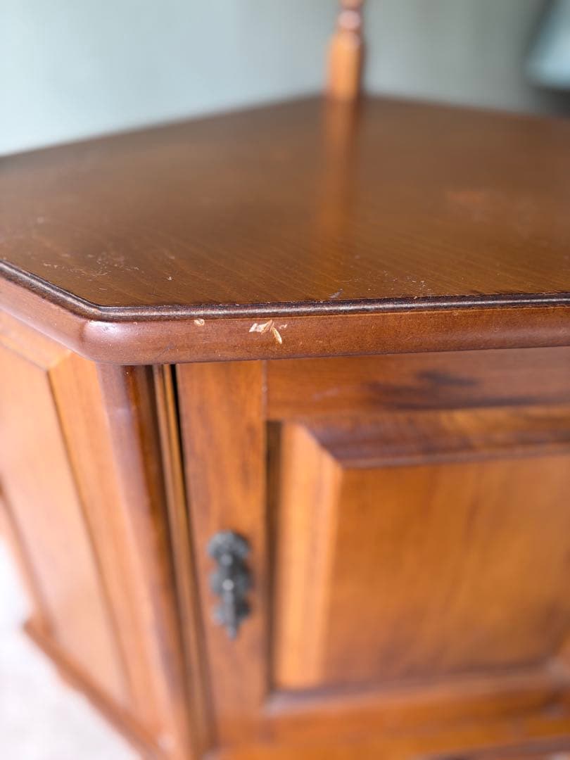 木製コーナーテーブル ブラウン 扉付き