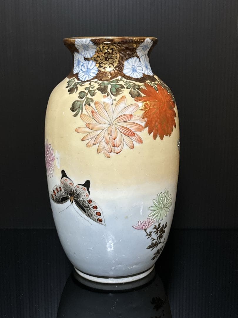 超絶技巧 明治期 極上 金蘭彩色 花蝶図 花瓶 花生 壷