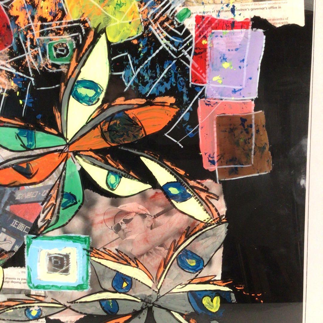 No3716 ガラス絵　荒木敬　「楽描 Ⅱ」紙箱付　コラージュ　抽象画　送料無料