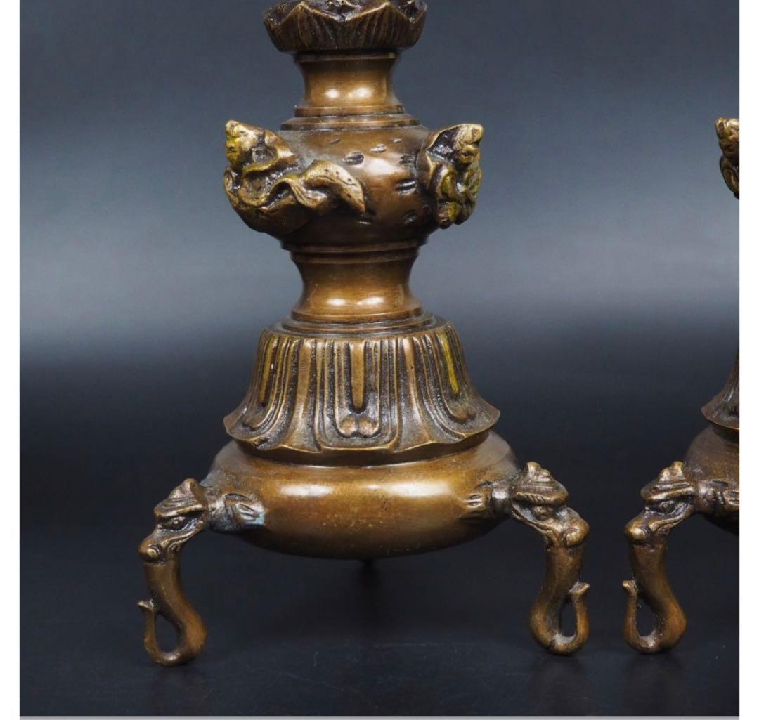 送料無料 時代物　『栄翠』造　銅製燭台一対　高さ27.5ｃｍ　仏教美術