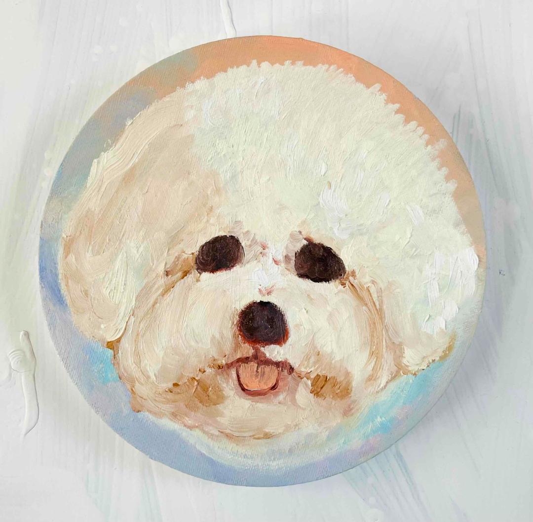 絵画 『ペロ』原画 油彩 直径20cm　犬　DOG 絵画 丸形アートパネル