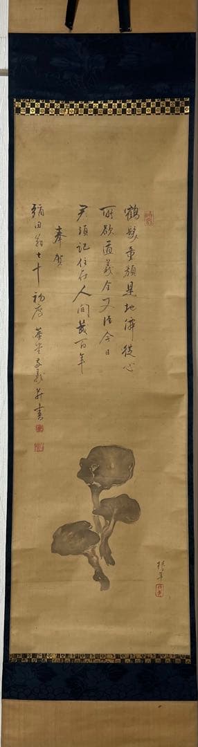 掛け軸　椿年絵／中井董堂（敬義）贊［霊芝之図］絹本　共箱！