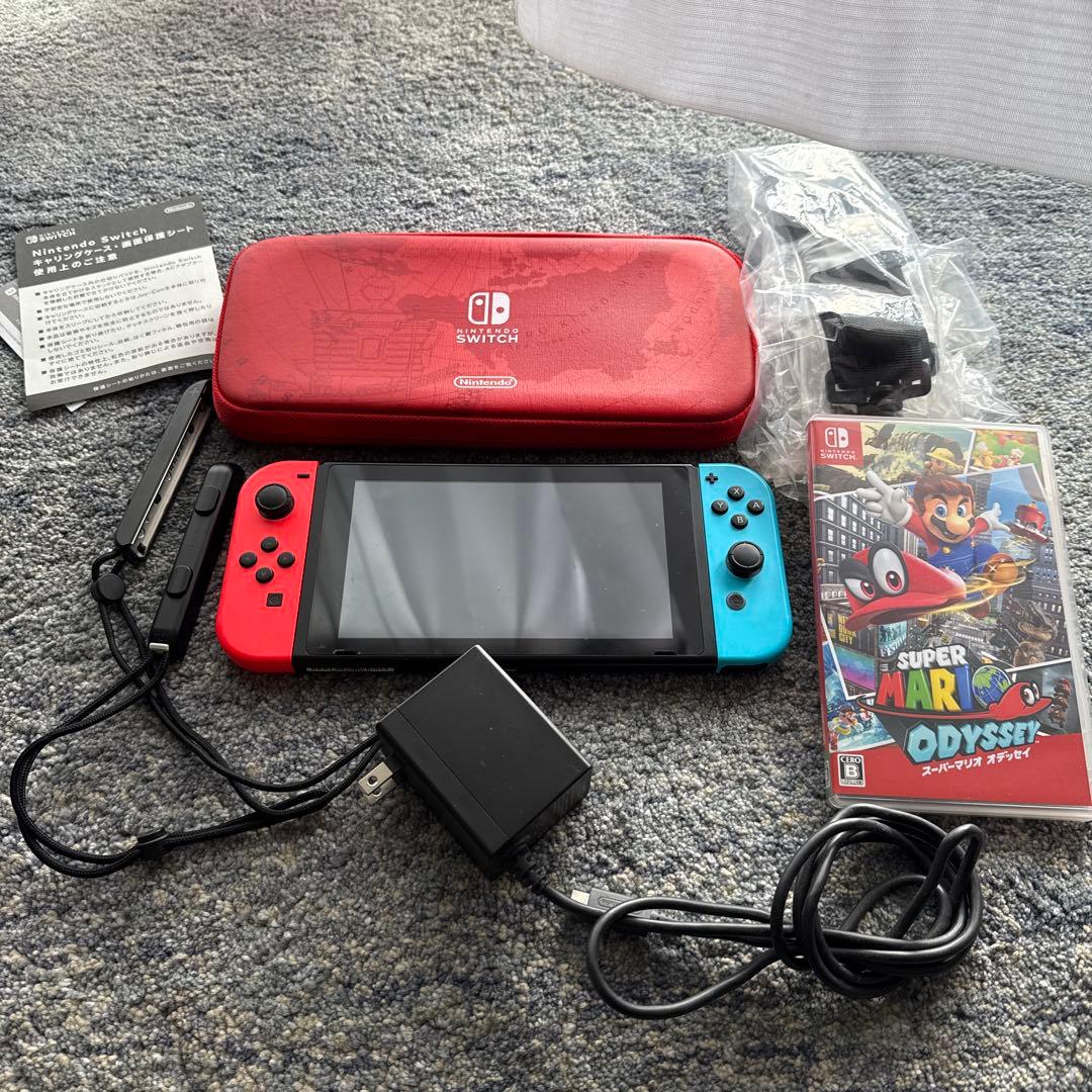 Nintendo Switch 赤/青 本体　マリオオデッセイ　赤いケース付き