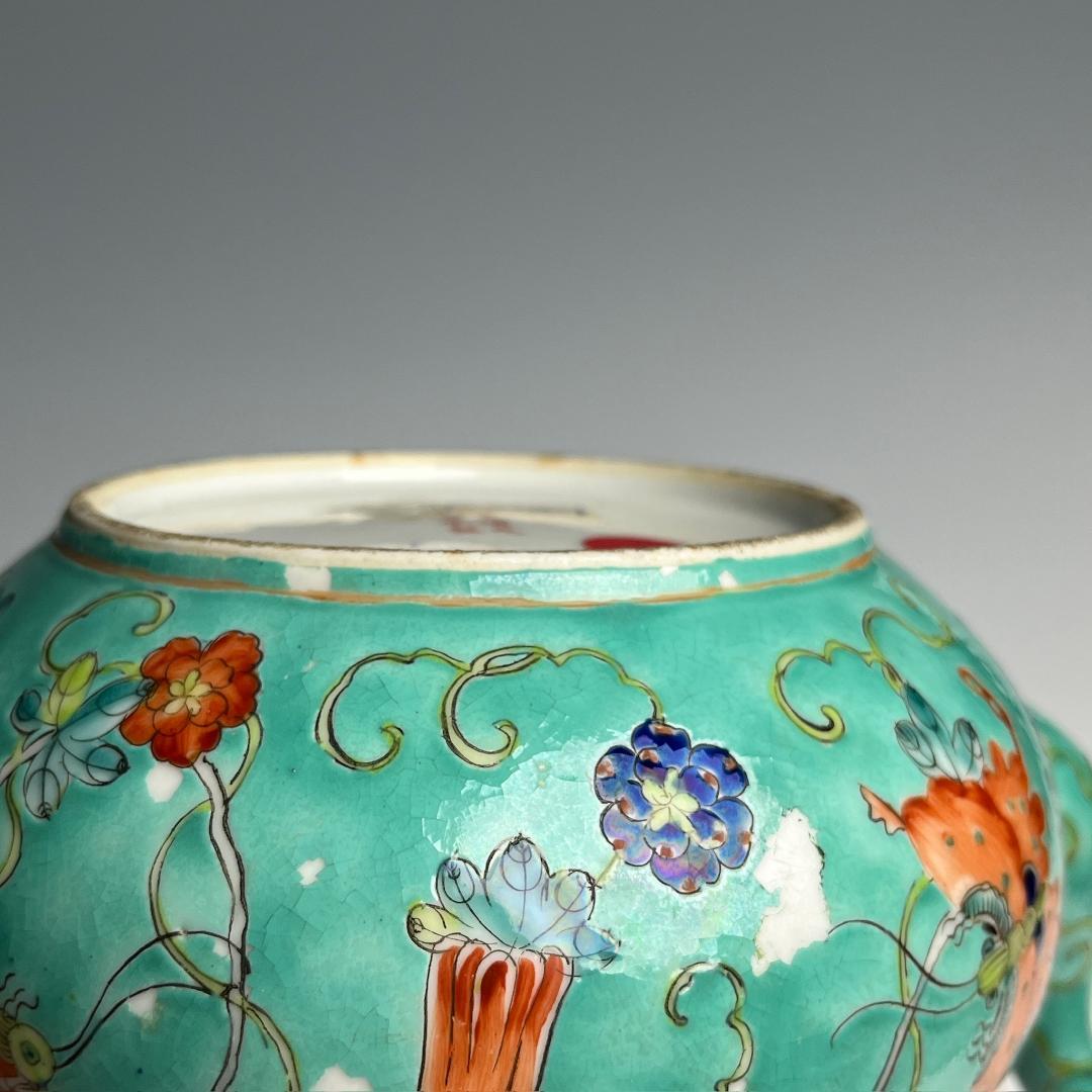 緑釉粉彩瓜果蝶紋水注 大清光緒年製 款 中国古玩 美術 唐物 A560