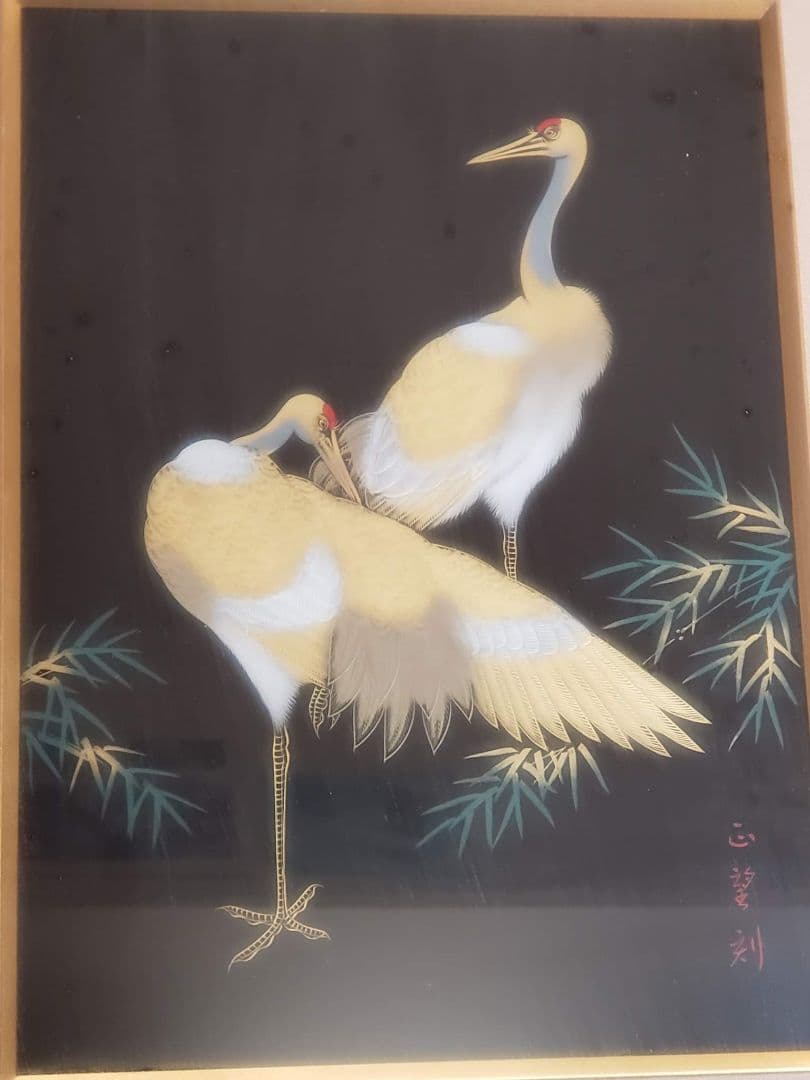 美品、輪島漆器・輪島塗本舗・【二羽の鶴】名工正望刻、輪島塗金箔、額縁入り整理品。