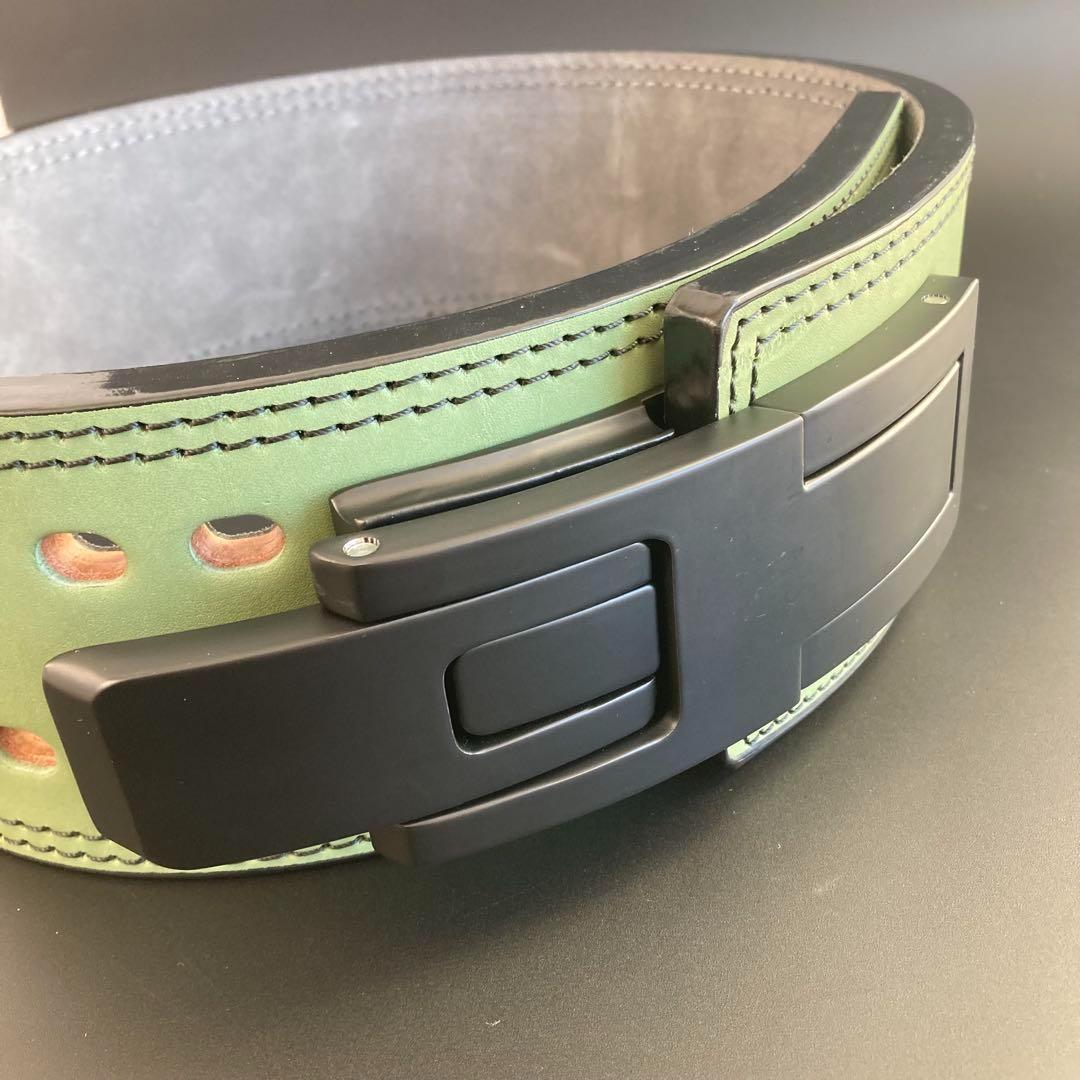 パワーベルト レバーアクション Lサイズ ワンタッチ可変式 本革 緑 黒ステッチ