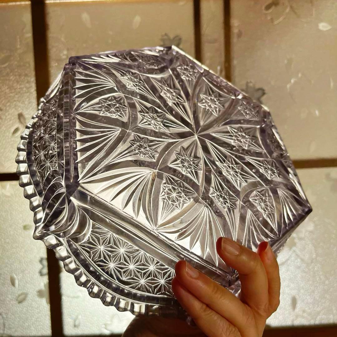 骨董　時代ガラス　プレスガラス　希少　淡紫色　クリスタルカット　菓子鉢　大鉢