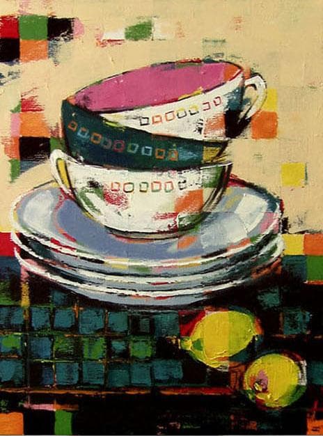 油絵菅家令子絵 絵画インテリア額付(白)uF6-060203 静物 カップレモン